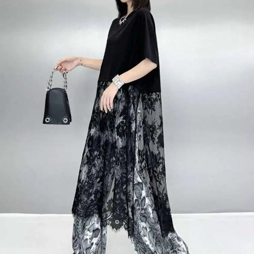 Load image into Gallery viewer, Women Black Hem Lace Perspective Big Size Midi Dress New Round Neck Short Sleeve Fashion Tide Spring Summer 2025 1DH6140
