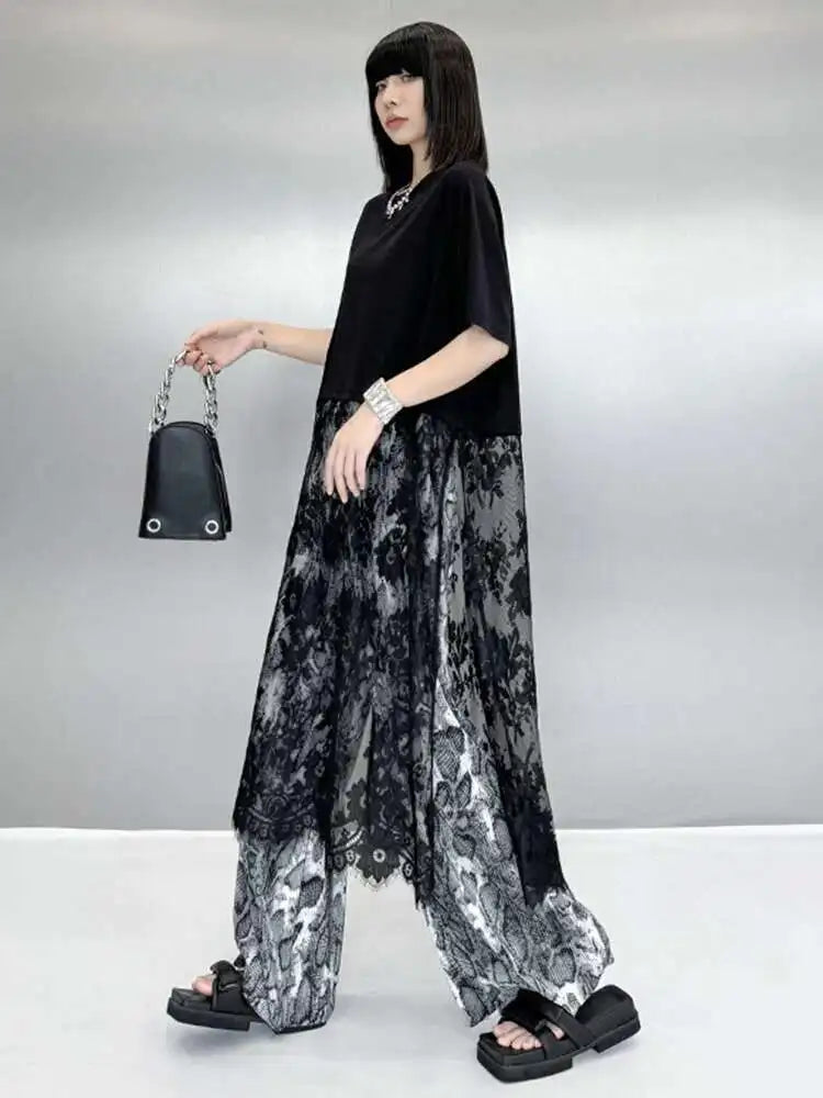 Women Black Hem Lace Perspective Big Size Midi Dress New Round Neck Short Sleeve Fashion Tide Spring Summer 2025 1DH6140