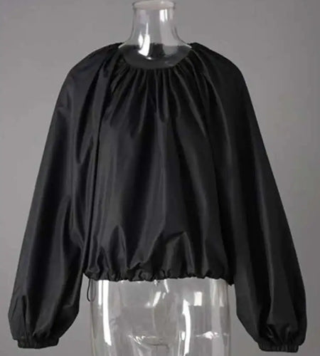 Women Black Drawstring Big Size Short Blouse New Round Neck Lantern Sleeve Shirt Fashion Tide Spring Autumn 2025 CPG2612