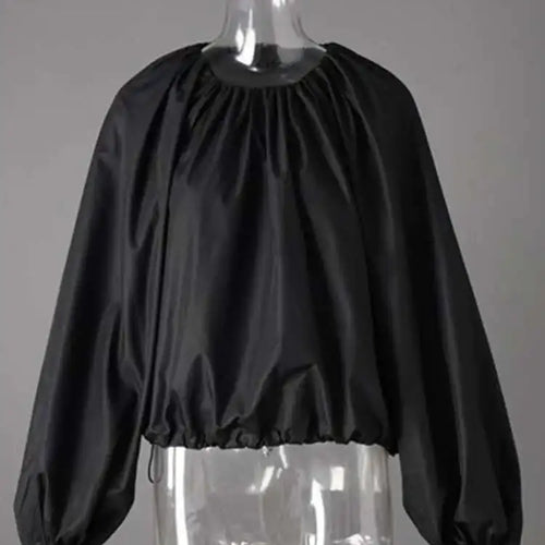 Load image into Gallery viewer, Women Black Drawstring Big Size Short Blouse New Round Neck Lantern Sleeve Shirt Fashion Tide Spring Autumn 2025 CPG2612
