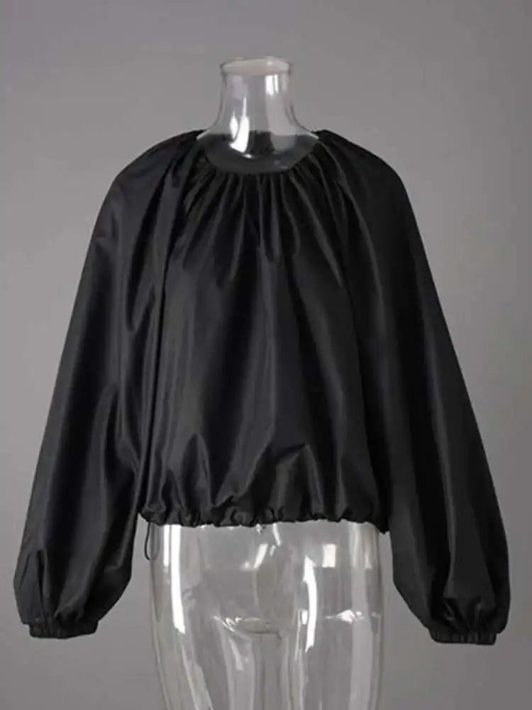 Women Black Drawstring Big Size Short Blouse New Round Neck Lantern Sleeve Shirt Fashion Tide Spring Autumn 2025 CPG2612