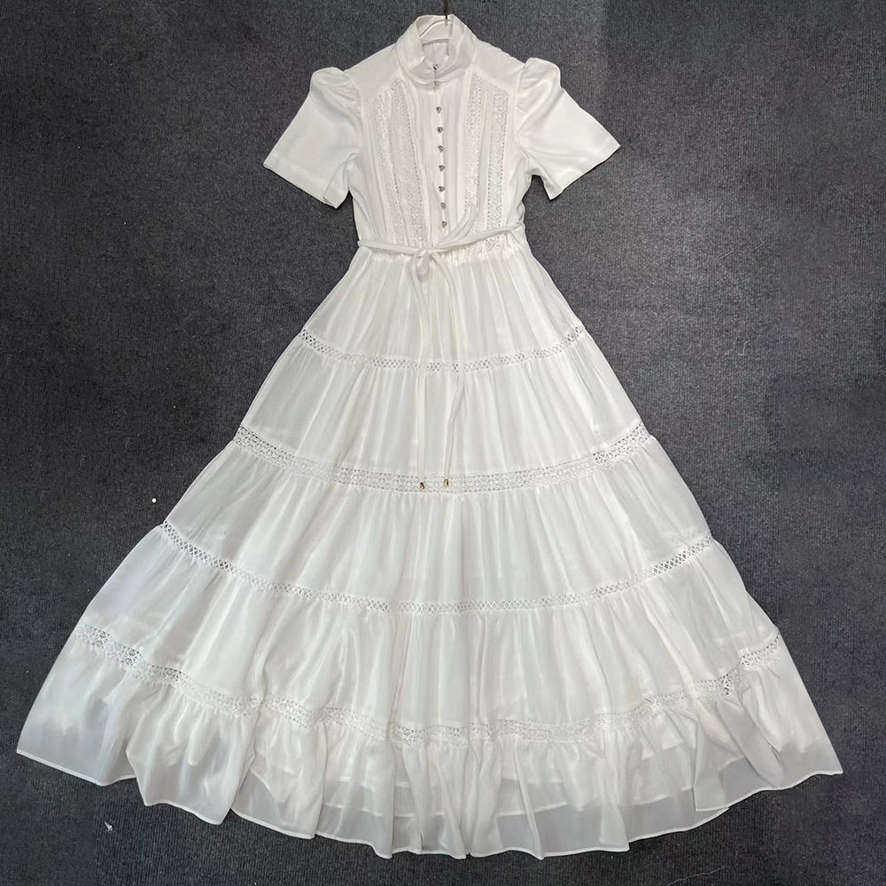 Casual A Line Dress For Women Stand Collar Short Sleeve Spliced Lace Up Solid Long Dress Female Summer Clothes