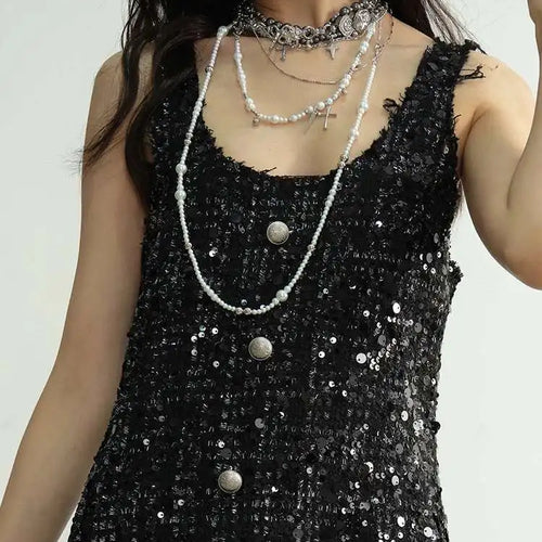 Load image into Gallery viewer, Women Black Sequins Tassels Ruffles Mini Elegant Dress New Round Neck Sleeveless Fashion Tide Spring Autumn 2025 1DH8269
