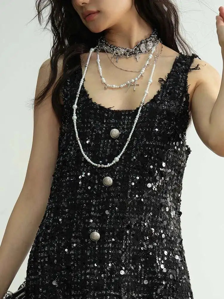 Women Black Sequins Tassels Ruffles Mini Elegant Dress New Round Neck Sleeveless Fashion Tide Spring Autumn 2025 1DH8269