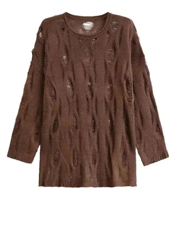 Brown Hollow Out Big Size Knitting Sweater Round Neck Long Sleeve Women Pullovers New Fashion Spring Autumn 2025 1DH6883