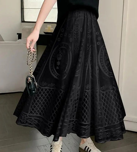 Spring Summer French Fashion Vintage Black White Lace Slim Holiday Long Skirt Women Beige High Waist Elegant Party Pleated Skirt