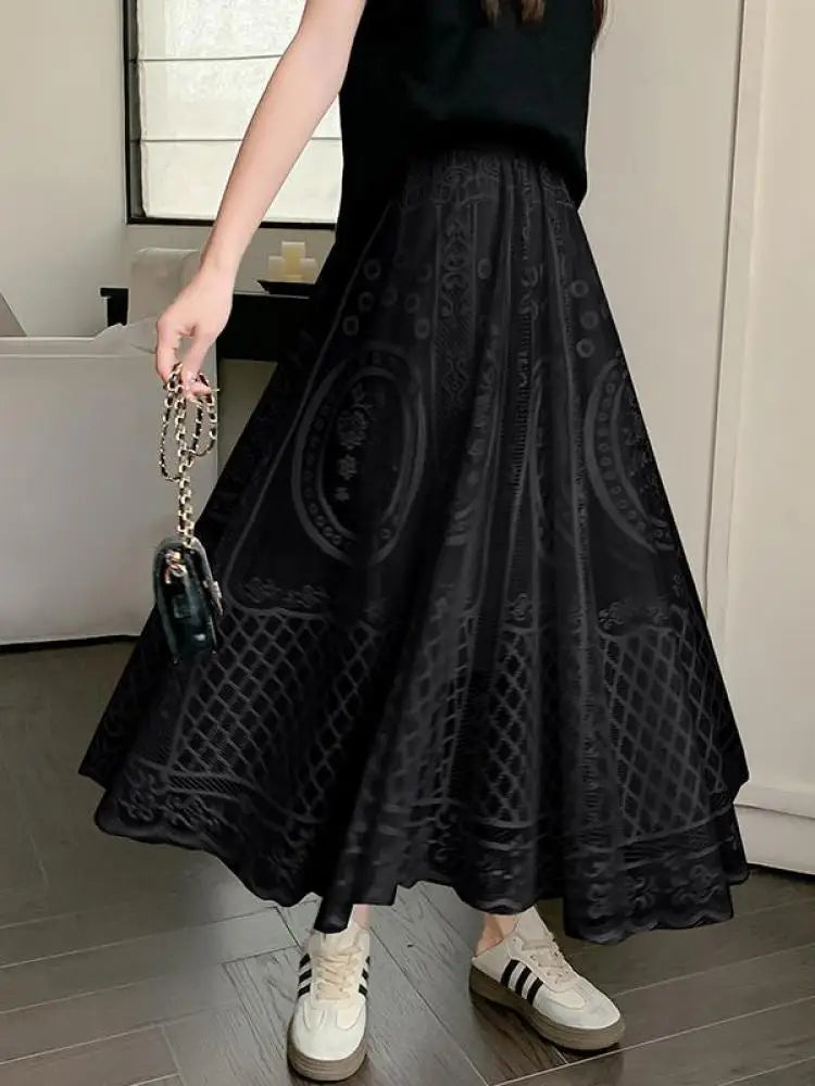 Spring Summer French Fashion Vintage Black White Lace Slim Holiday Long Skirt Women Beige High Waist Elegant Party Pleated Skirt