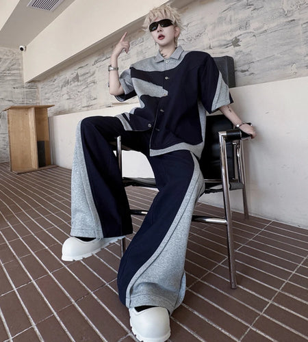 Men's Pants Set New Summer Contrast Color Short Sleeve Single Breasted Jacket Casual Pants Male Loose Suit 2025 9W1508