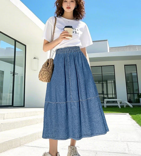 Korean Vintage Spring Summer Blue Elegant Vacation Pleated Long Skirt Women High Waist Versatile Skirt Ladies Streetwear Popular