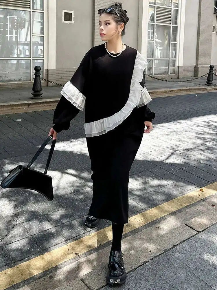 Women Black Ruffles Spliced Big Size Long Casual Dress New Round Neck Long Sleeve Fashion Tide Spring Autumn 2025 1DH7701