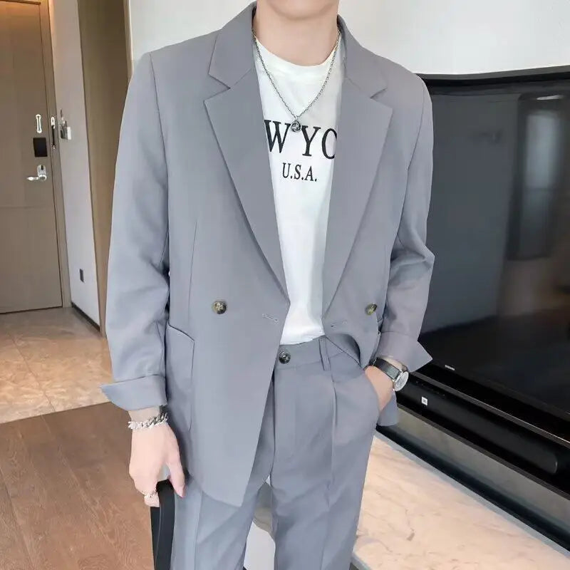 Korean Style New Trendy Male Blazer Turn-down Collar Solid Color Suit Jacket 2025 Spring Loose Fit Men Clothing 9W1203