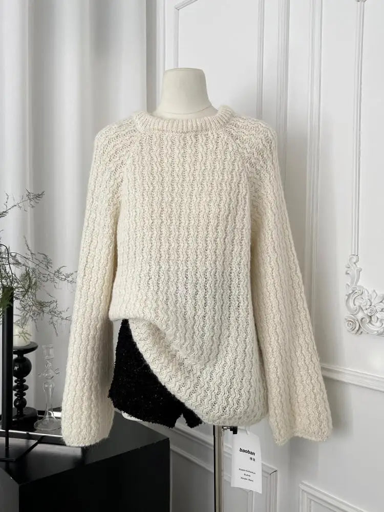 Korean Fashion Beige Elegant Long Sleeve Sweater Women Autumn Winter Grey Elegant Round Neck Bow Bandage Knitted Tops Popular
