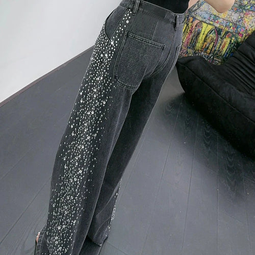 Load image into Gallery viewer, Patchwork Diamonds Denim Pants For Women High Waist Spliced Button Loose Wide Leg Jeans Female Fashion Clothes
