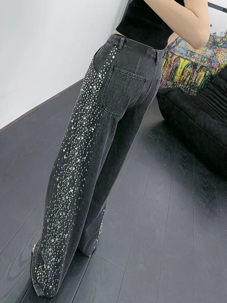 Patchwork Diamonds Denim Pants For Women High Waist Spliced Button Loose Wide Leg Jeans Female Fashion Clothes