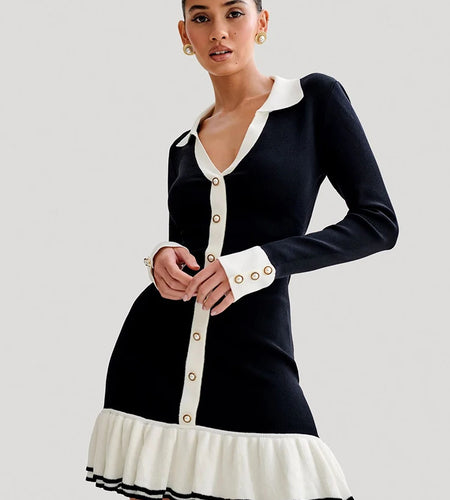 Long Sleeve Ruffled Knit Mini Dress For Women Autumn New V Neck Pearl Single-breasted Bow Bandage Knitted Dress Elegant