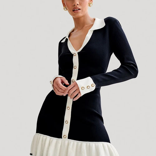 Load image into Gallery viewer, Long Sleeve Ruffled Knit Mini Dress For Women Autumn New V Neck Pearl Single-breasted Bow Bandage Knitted Dress Elegant
