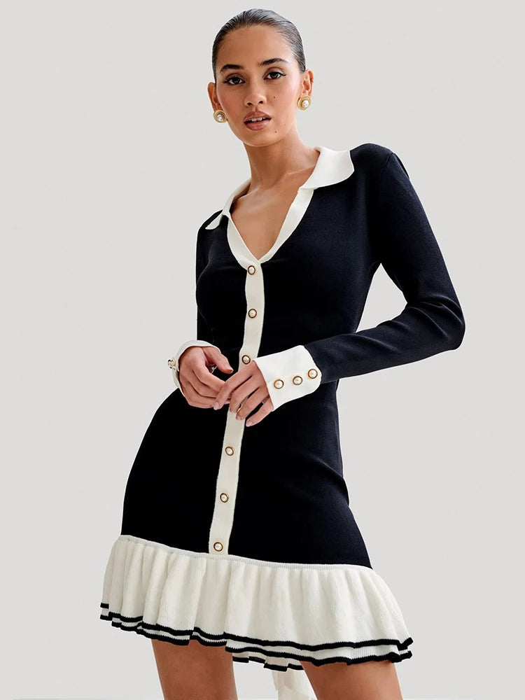 Long Sleeve Ruffled Knit Mini Dress For Women Autumn New V Neck Pearl Single-breasted Bow Bandage Knitted Dress Elegant