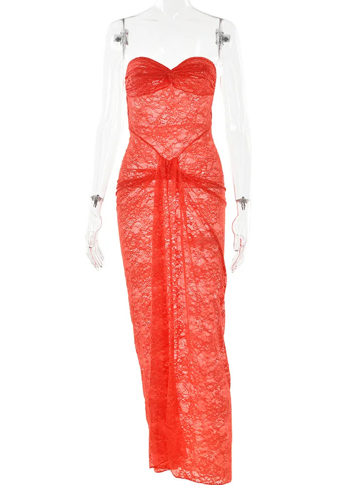 Sexy Lace Strapless Slim Fit Sheer Women's Dress Backless Folds Pleated Slim Fit Long Dress Elegant Party Club Clothing