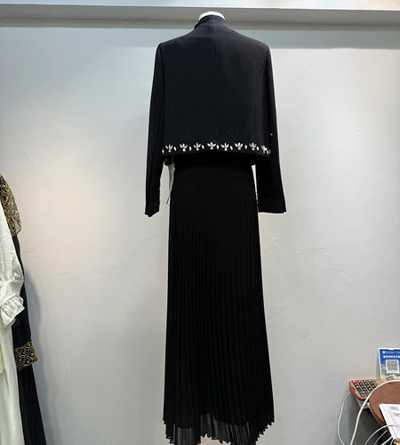 Two Piece Set For Women O Neck Long Sleeve Spliced Diamonds Coat Lace Up Sleeveless High Waist Dress Sets Female