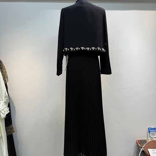 Load image into Gallery viewer, Two Piece Set For Women O Neck Long Sleeve Spliced Diamonds Coat Lace Up Sleeveless High Waist Dress Sets Female
