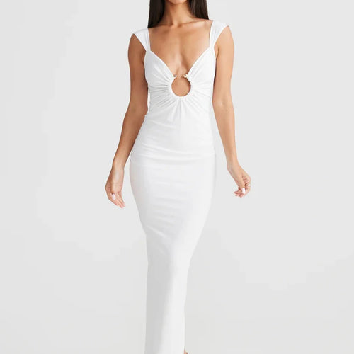 Load image into Gallery viewer, Elegant Solid Straps Sleeveless Backless Metal Loop Draped Slit Maxi Dress Summer Women Clothes Evening Party Vacation
