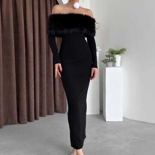 Load image into Gallery viewer, Elegant One Shoulder Hairy Long Sleeve Elastic Tight Dress For Women Spring New 2025 Slimming Party Club Evening Dress
