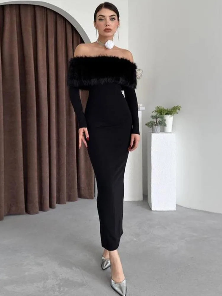 Elegant One Shoulder Hairy Long Sleeve Elastic Tight Dress For Women Spring New 2025 Slimming Party Club Evening Dress