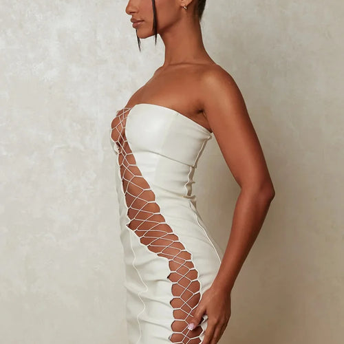 Load image into Gallery viewer, Hollow Out PU Leather Sexy Mini Dresses For Women Strapless Sleeveless Backless Bodycon Party Short Dress Vestido
