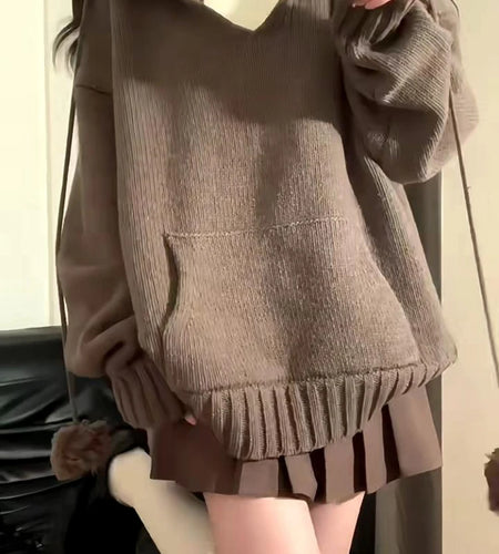 Y2k Aesthetic Autumn V Neck Woman Sweaters Harajuku Loose Grunge Cardigan Mujer Ball Drawstring Pocekt Patchwork Solid Pullovers