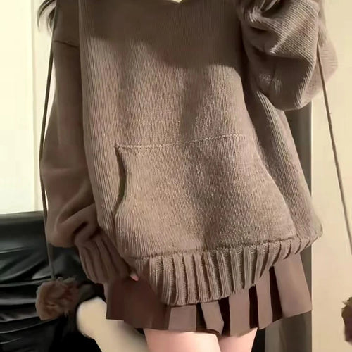 Load image into Gallery viewer, Y2k Aesthetic Autumn V Neck Woman Sweaters Harajuku Loose Grunge Cardigan Mujer Ball Drawstring Pocekt Patchwork Solid Pullovers
