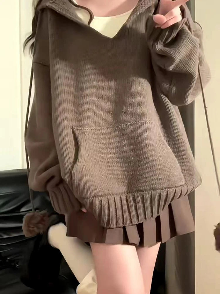 Y2k Aesthetic Autumn V Neck Woman Sweaters Harajuku Loose Grunge Cardigan Mujer Ball Drawstring Pocekt Patchwork Solid Pullovers