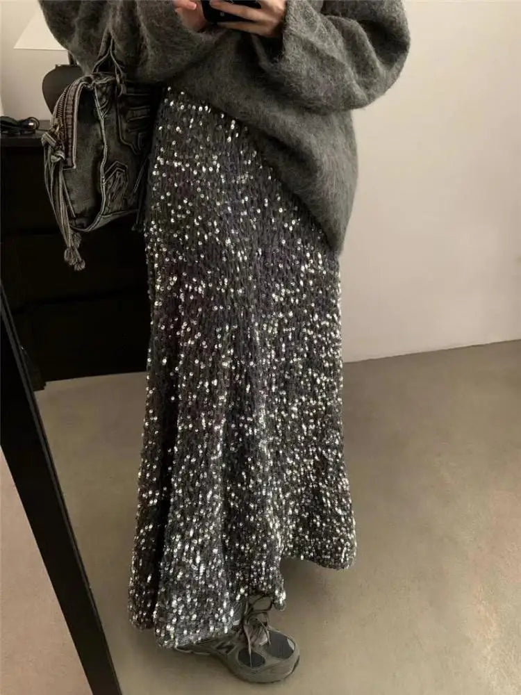 Spring Summer Fashion Y2k Streetwear Velvet Long Skirt Women Solid Elegant Elastic High Waist Sequin Wrap Hip Fishtail Skirt New