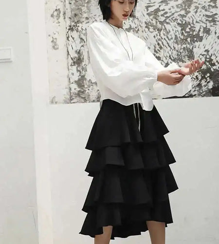 Women White Elegant Blouse New Stand Collar Long Lantern Sleeve Loose Fit Shirt Fashion Tide Spring Autumn 2025 JI516