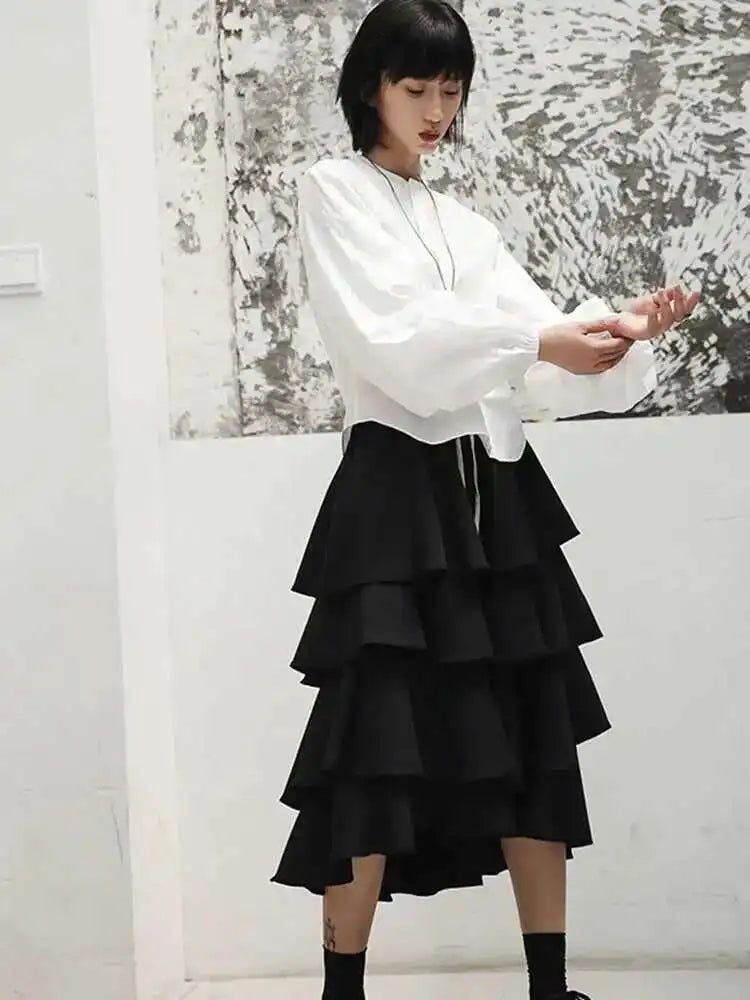 Women White Elegant Blouse New Stand Collar Long Lantern Sleeve Loose Fit Shirt Fashion Tide Spring Autumn 2025 JI516