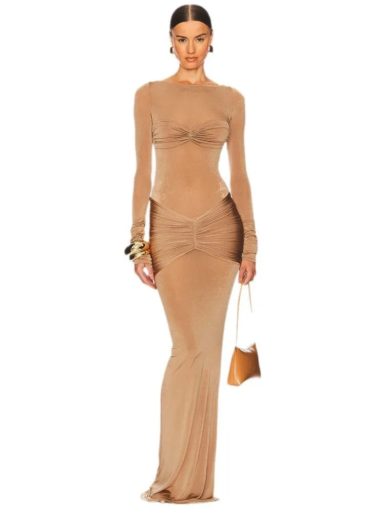 Elegant Long Sleeved High Stretch Tight Dress Women Fashion Solid Color Slim Party Club Evening Dress Winter New 2025