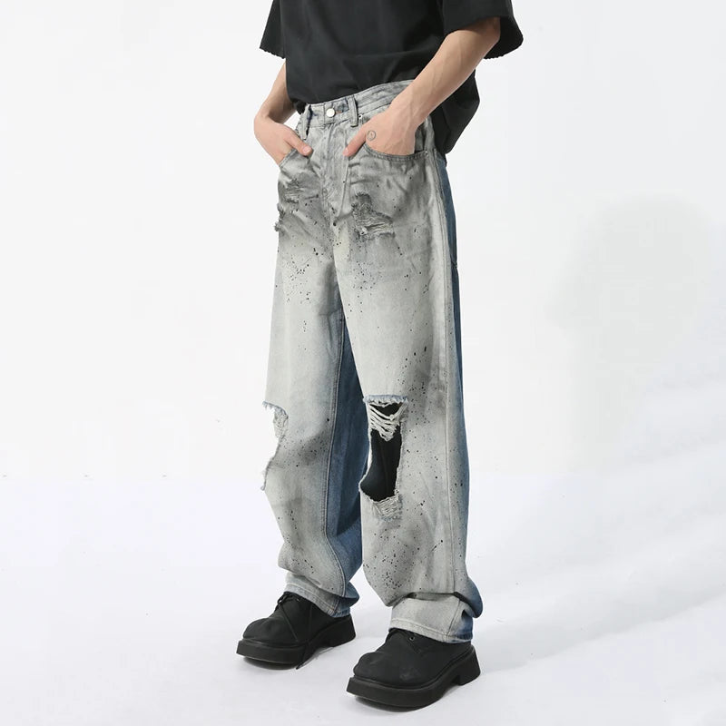 Men's Denim Pants High Street Paint Dotted Double Sided Perforated Heavy Industry Male Jeans Summer Fashion 9C5739