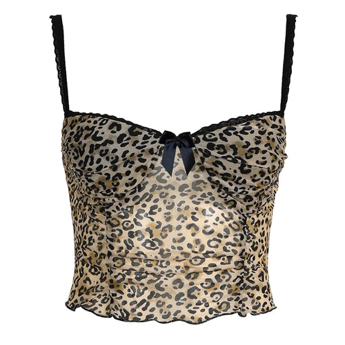 Load image into Gallery viewer, Vintage Y2K Chic Lace Trim Mesh Top Women Mini Bow Leopard Sexy Party Cropped Tops See Through Hottie 2000s Aesthetic
