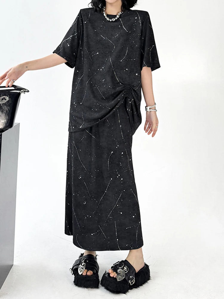 Printed Pleated T-shirt Skirt Two Pieces Suit New Round Neck Short Sleeve Women Fashion Tide Spring Summer 2025 1DJ1161