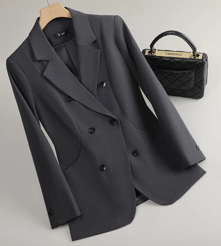 Fashion Women's Black Beige Double Breasted Long Sleeve Blazer Coat 2025 Spring Autumn Grey Office Lady Festival Temperament Top