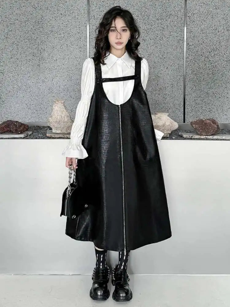 Women Black Big Size PU Leather Zipper Strap Dress New Square Collar Sleeveless Fashion Tide Spring Autumn 2025 1DH4461