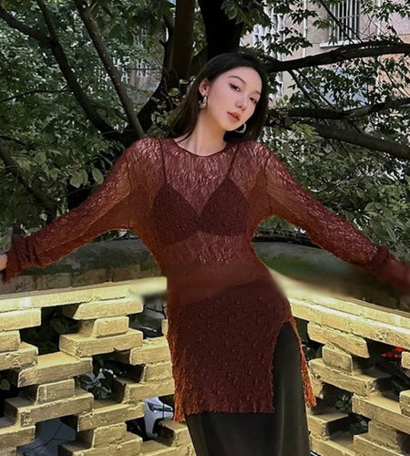 Y2K Hollow Out Knitted Smock Top Vintage Slim Fit T-shirt Women Gothic Crochet Pullovers Casual Y2k Aesthetic Tshirts Grunge