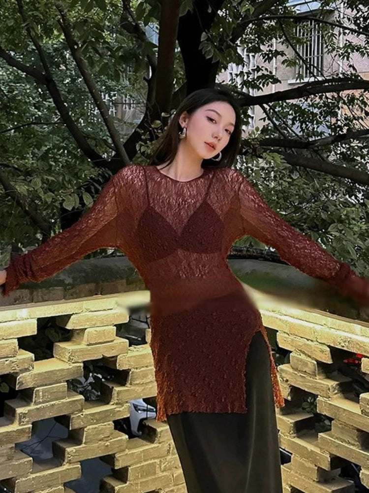 Y2K Hollow Out Knitted Smock Top Vintage Slim Fit T-shirt Women Gothic Crochet Pullovers Casual Y2k Aesthetic Tshirts Grunge