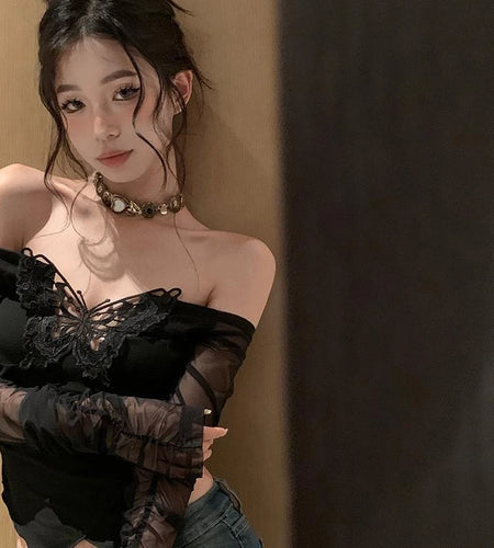 Y2k Aesthetic Patchwor Butterfly Women T-Shirt Vintage Harajuku Slim Fit Tshirts Knitted Long Sleeve Grunge Streetwear Crop Top