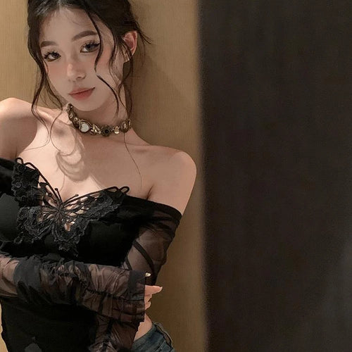 Load image into Gallery viewer, Y2k Aesthetic Patchwor Butterfly Women T-Shirt Vintage Harajuku Slim Fit Tshirts Knitted Long Sleeve Grunge Streetwear Crop Top
