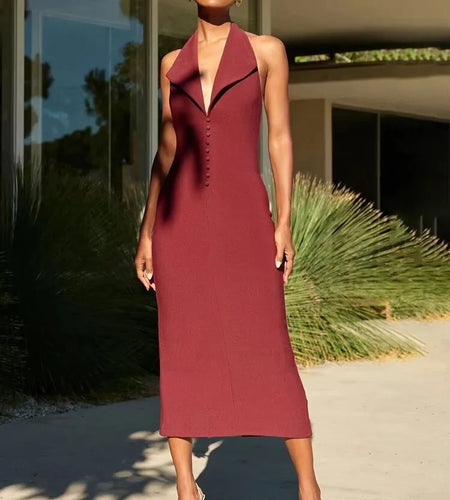 Halter Deep V Neck Sleeveless Sexy Maxi Dress For Women Elegant Backless Bodycon Tank Dress Femme Fashion Long Dress