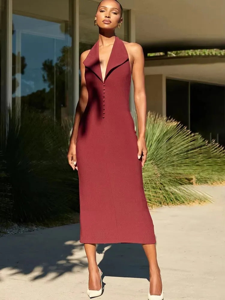 Halter Deep V Neck Sleeveless Sexy Maxi Dress For Women Elegant Backless Bodycon Tank Dress Femme Fashion Long Dress