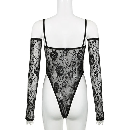 Load image into Gallery viewer, Spaghetti Strap Party Black Lace Bodysuit Women Fashion Skinny Body See Through With Sleeves Hot Elegant Catsuit New
