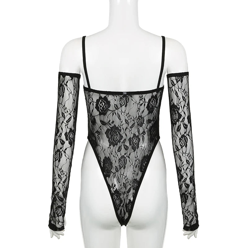 Spaghetti Strap Party Black Lace Bodysuit Women Fashion Skinny Body See Through With Sleeves Hot Elegant Catsuit New