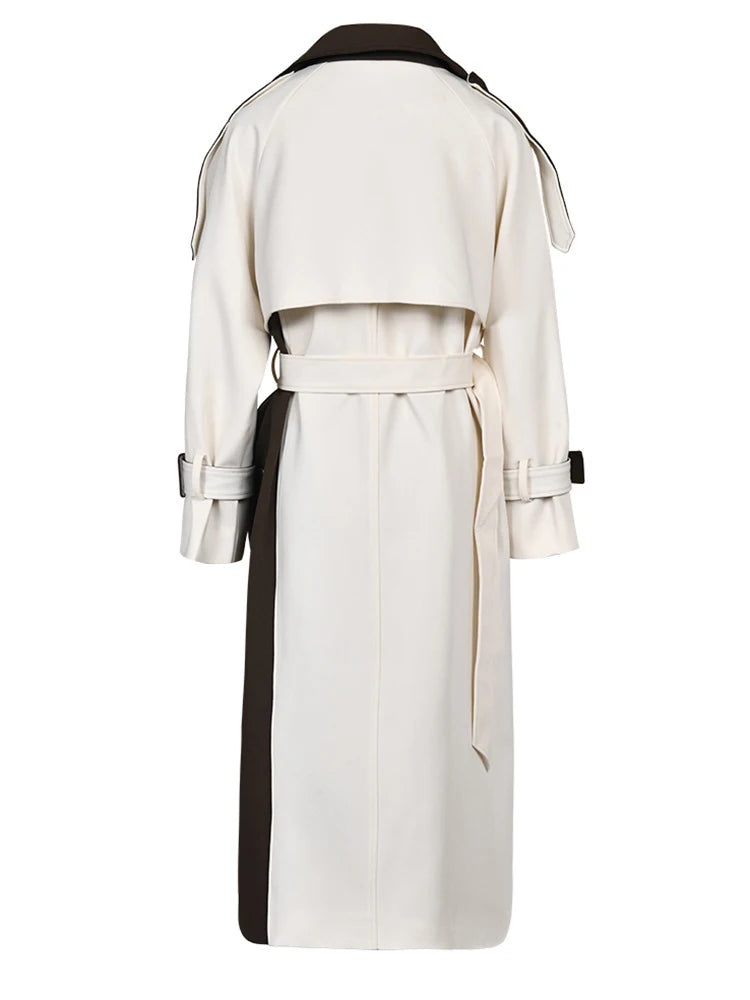 Women Brown Color-block Big Size Long Trench New Lapel Long Sleeve Windbreaker Fashion Tide Spring Autumn 2025 2C7400