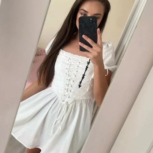 Load image into Gallery viewer, Summer Blue Puff Sleeve Corset Dress Mini Elegant A Line Lace Up Holiday Party Dress Square Neck Women Dress 2023
